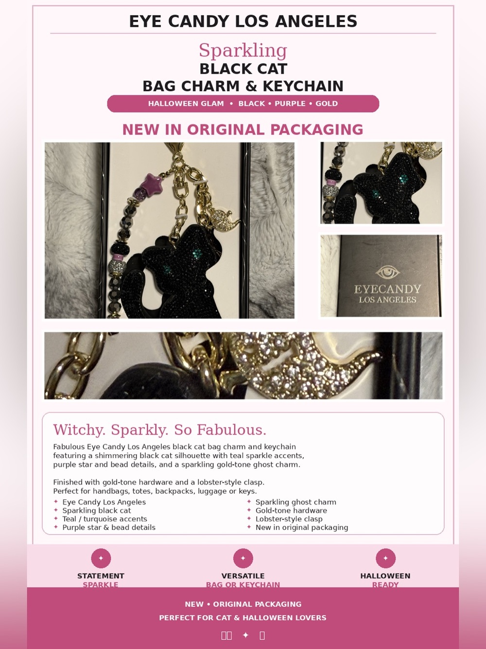 Eye Candy Los Angeles Sparkling Black Cat Bag Charm & Keychain